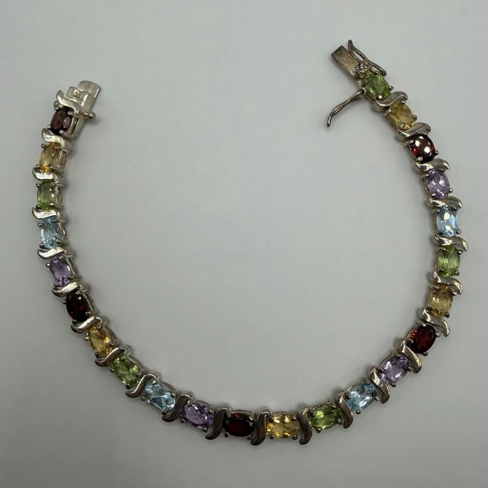 925 Sterling Silver Multicolor Gemstone Tennis Bracelet 7.5" 15.7g